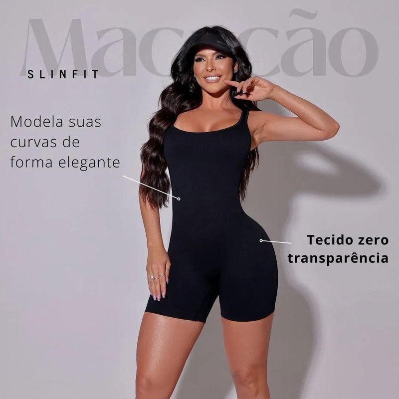 Macacão Slin Fitness Preto Canelado